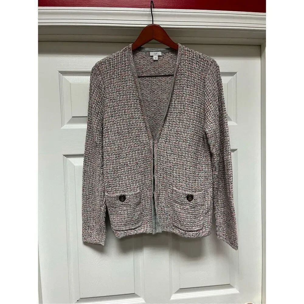 J. Jill Pink & Gray Tweed Look Cardigan Sweater sz M